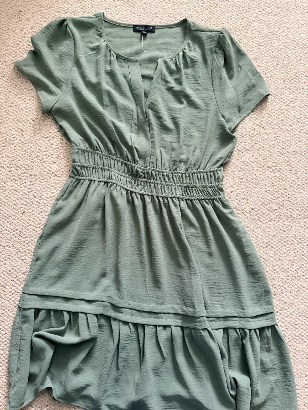 Rachel Zoe Sage Green Tiered Ruffle Dress Smocked Waist Split Neck Womens M